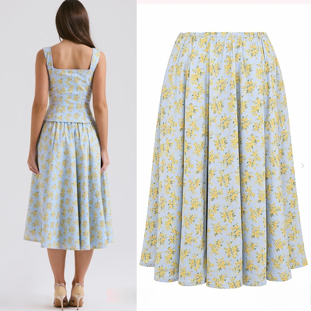 House of CB CORA Soft Blue Vintage Floral Print Cotton Midi Skirt - Picture 3 of 15